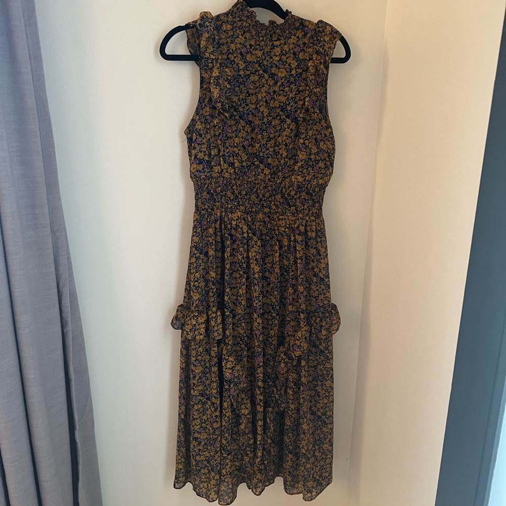 Lulu's Black Floral Midi Dress with Mustard and Navy Print